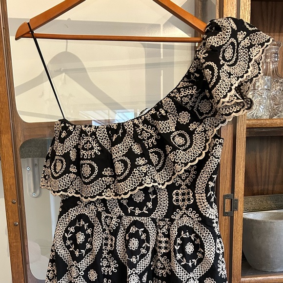LoveShackFancy Black 'Pamela' One-shoulder Broderie Anglaise Cotton Dress Lrg - Picture 2 of 9